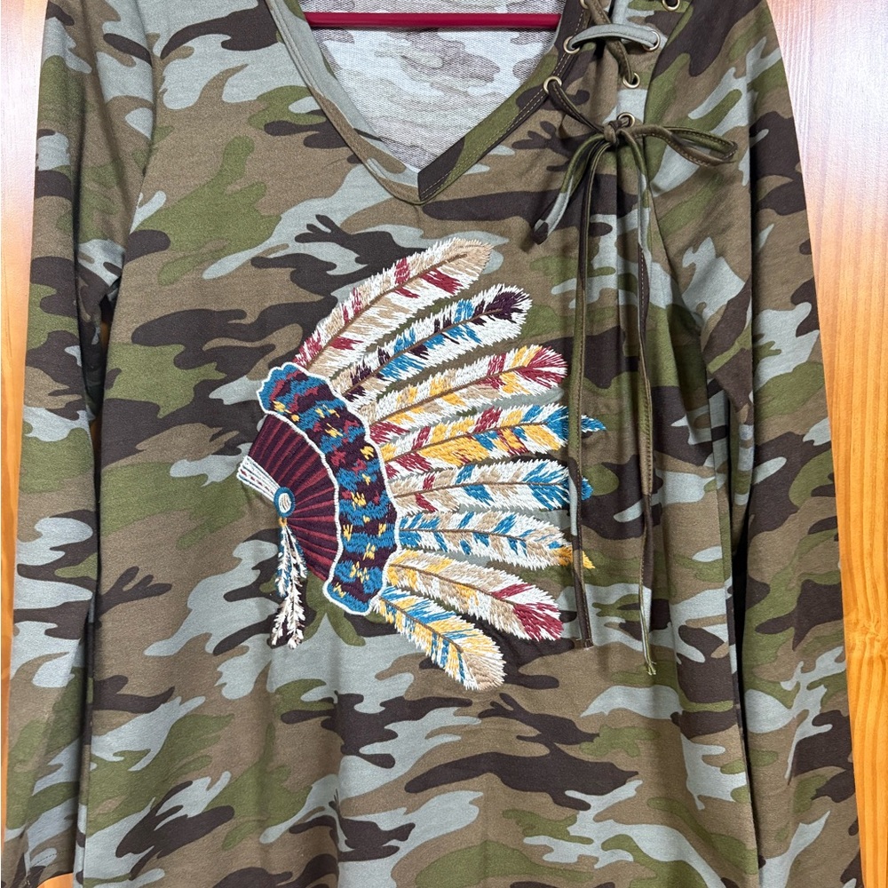 Andree by Unit Camouflage Native American Headdress Print Lace-Up Top